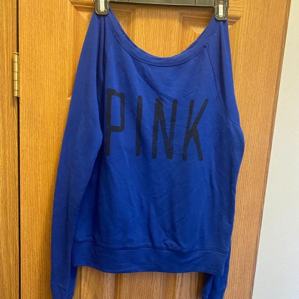 VS Pink Blue Off Shoulder Long Sleeve Shirt, Size: Small